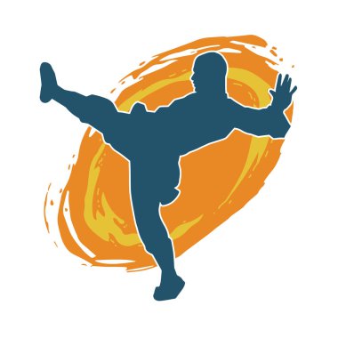 Dövüş sanatları pozu veren bir erkeğin silueti. Dövüş sanatları ustasının silueti tekme atma pozu veriyor..