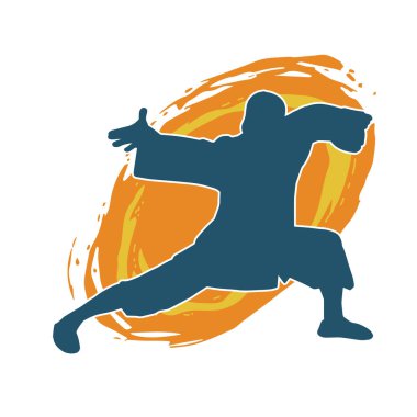 Doğu dövüş sanatı pozu veren bir adamın silueti. Dövüş sanatlarında bir erkeğin silueti..