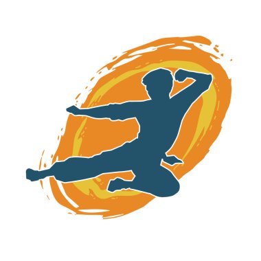 Dövüş sanatları pozu veren bir erkeğin silueti. Dövüş sanatları ustasının silueti tekme atma pozu veriyor..