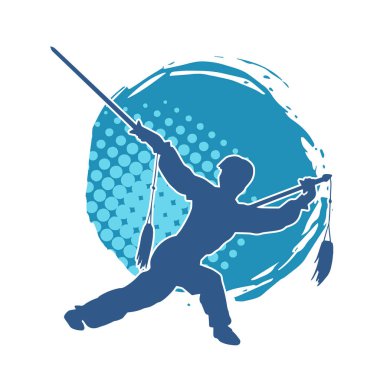 Kung fu 'nun silueti ya da Wushu dövüş sanatları sporcusu pozu. Kılıçlı bir erkek dövüş sanatının silueti..