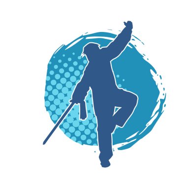 Kung fu 'nun silueti ya da Wushu dövüş sanatları sporcusu pozu. Kılıçlı bir erkek dövüş sanatının silueti..