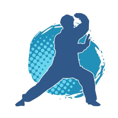 Doğu dövüş sanatı pozu veren bir adamın silueti. Dövüş sanatlarında bir erkeğin silueti..