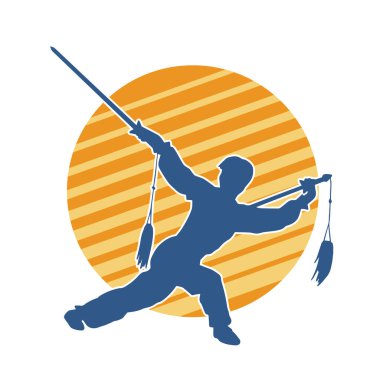 Kung fu 'nun silueti ya da Wushu dövüş sanatları sporcusu pozu. Kılıçlı bir erkek dövüş sanatının silueti..