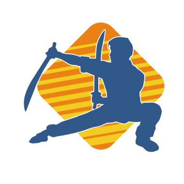 Kung fu 'nun silueti ya da Wushu dövüş sanatları sporcusu pozu. Kılıçlı bir erkek dövüş sanatının silueti..