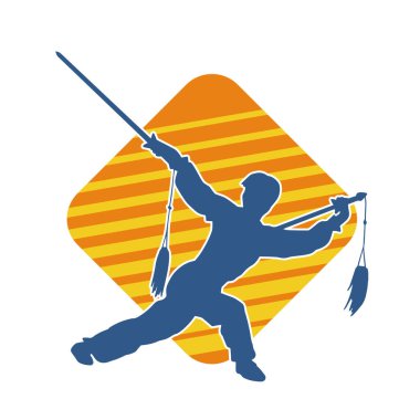 Kung fu 'nun silueti ya da Wushu dövüş sanatları sporcusu pozu. Kılıçlı bir erkek dövüş sanatının silueti..