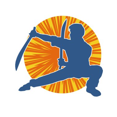 Kung fu 'nun silueti ya da Wushu dövüş sanatları sporcusu pozu. Kılıçlı bir erkek dövüş sanatının silueti..