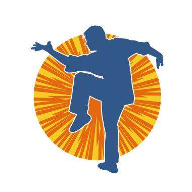 Doğu dövüş sanatı pozu veren bir adamın silueti. Dövüş sanatlarında bir erkeğin silueti..