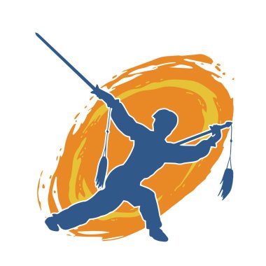 Kung fu 'nun silueti ya da Wushu dövüş sanatları sporcusu pozu. Kılıçlı bir erkek dövüş sanatının silueti..