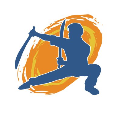Kung fu 'nun silueti ya da Wushu dövüş sanatları sporcusu pozu. Kılıçlı bir erkek dövüş sanatının silueti..