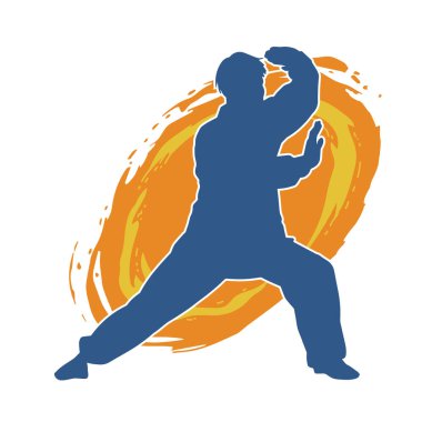 Doğu dövüş sanatı pozu veren bir adamın silueti. Dövüş sanatlarında bir erkeğin silueti..