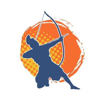 Hareketli bir erkek okçunun silueti. Okçuluk silahı taşıyan bir savaşçının silueti.. 