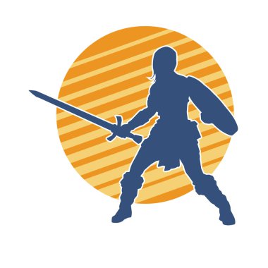 Savaş zırhlı bir kadın savaşçının silueti. Kılıç ve demir kalkan taşıyor..