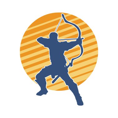 Hareketli bir erkek okçunun silueti. Okçuluk silahı taşıyan bir savaşçının silueti.. 