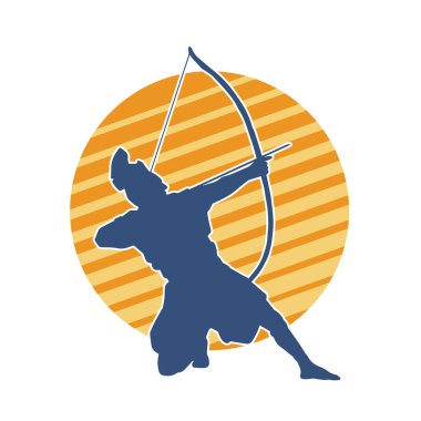 Hareketli bir erkek okçunun silueti. Okçuluk silahı taşıyan bir savaşçının silueti.. 