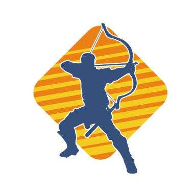 Hareketli bir erkek okçunun silueti. Okçuluk silahı taşıyan bir savaşçının silueti.. 