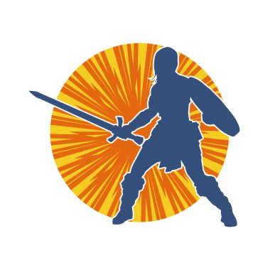 Savaş zırhlı bir kadın savaşçının silueti. Kılıç ve demir kalkan taşıyor..