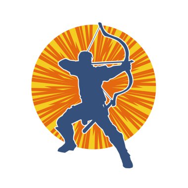 Hareketli bir erkek okçunun silueti. Okçuluk silahı taşıyan bir savaşçının silueti.. 