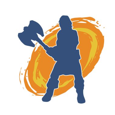 Savaş zırhı giymiş baltalı seksi bir kadın savaşçının silueti. 