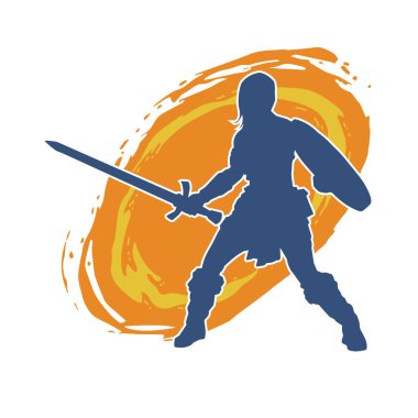 Savaş zırhlı bir kadın savaşçının silueti. Kılıç ve demir kalkan taşıyor..