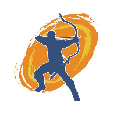 Hareketli bir erkek okçunun silueti. Okçuluk silahı taşıyan bir savaşçının silueti.. 