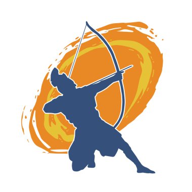 Hareketli bir erkek okçunun silueti. Okçuluk silahı taşıyan bir savaşçının silueti.. 