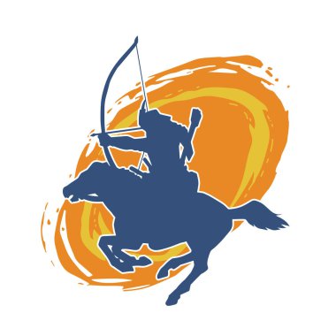 Hareketli bir erkek okçunun silueti. Okçuluk silahı taşıyan bir savaşçının silueti.. 