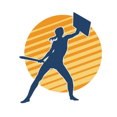 Savaş zırhlı bir kadın savaşçının silueti. Kılıç ve demir kalkan taşıyor..