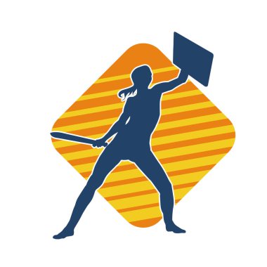 Savaş zırhlı bir kadın savaşçının silueti. Kılıç ve demir kalkan taşıyor..