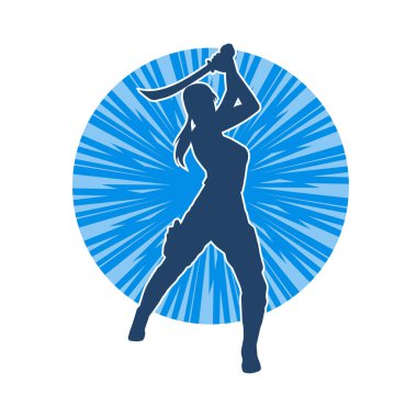 Bir kadın dövüşçünün silueti kılıç taşırken poz veriyor..