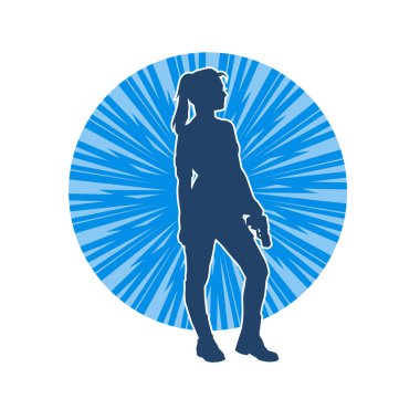 Kadın dövüşçü silueti. Tabanca ya da tabanca taşıyor..