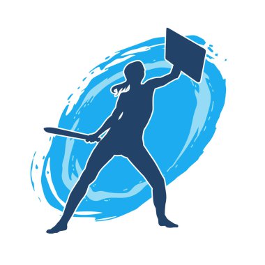 Savaş zırhlı bir kadın savaşçının silueti. Kılıç ve demir kalkan taşıyor..