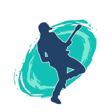 Elektro gitar çalan bir müzisyenin silueti. Bir erkek gitaristin silueti.