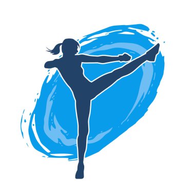 Dövüş sanatları tekmesi atan bir kadının silueti. Sportif bir kadının silueti tekme hareketi yapıyor..