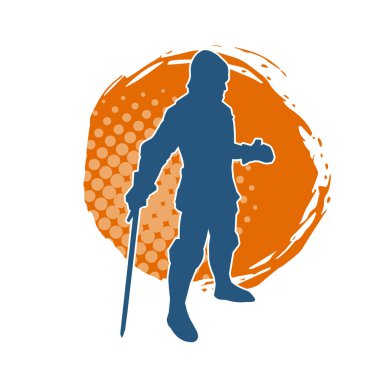 Savaş zırhı giymiş bir erkek savaşçının silueti. Kılıç ile poz veriyor..