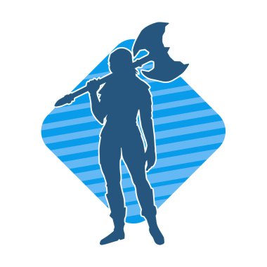 Savaş zırhı giymiş baltalı seksi bir kadın savaşçının silueti.