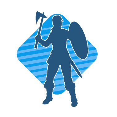 Savaş zırhlı, balta ve demir kalkan taşıyan seksi bir kadın savaşçının silueti..