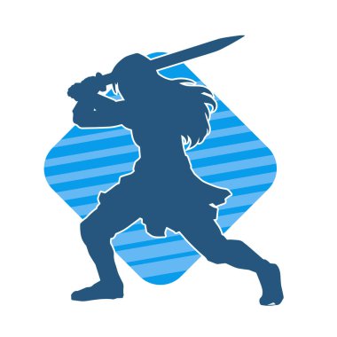 Bir kadın dövüşçünün silueti kılıç taşırken poz veriyor..