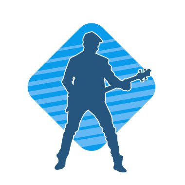 Elektro gitar çalan bir müzisyenin silueti. Bir erkek gitaristin silueti.