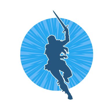 Bir kadın dövüşçünün silueti kılıç taşırken poz veriyor..