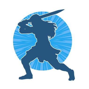 Bir kadın dövüşçünün silueti kılıç taşırken poz veriyor..