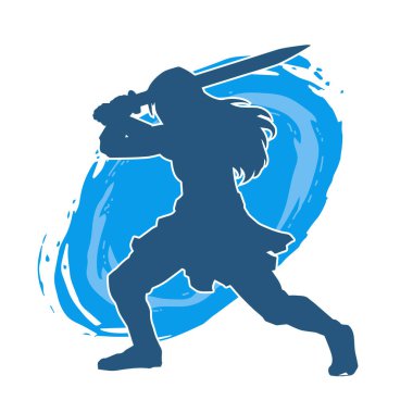 Bir kadın dövüşçünün silueti kılıç taşırken poz veriyor..