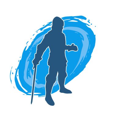 Savaş zırhı giymiş bir erkek savaşçının silueti. Kılıç ile poz veriyor..