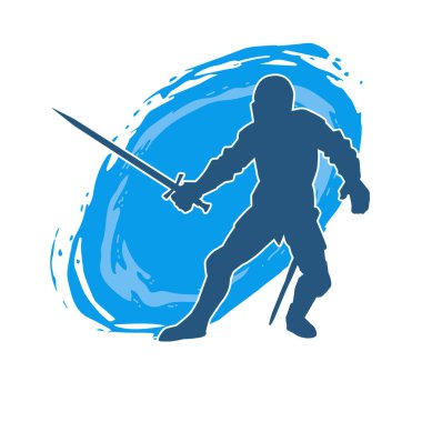 Savaş zırhı giymiş bir erkek savaşçının silueti. Kılıç ile poz veriyor..