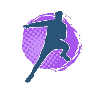 Sportif bir erkeğin silueti spor salonunda poz veriyor. Aerobik yapan zayıf bir adamın silueti..