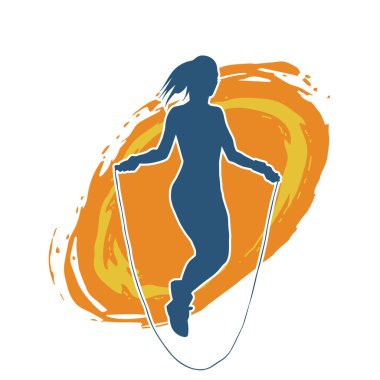 Zayıf, sportif bir kadının silüeti ip atlama egzersizi yapıyor..