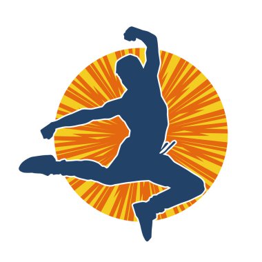 Sportif bir adamın silueti atlıyor. Dansçı bir erkeğin silueti hareket halinde..