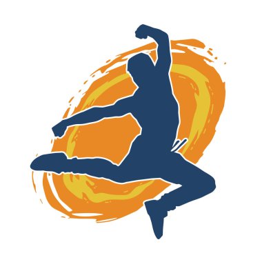 Sportif bir adamın silueti atlıyor. Dansçı bir erkeğin silueti hareket halinde..