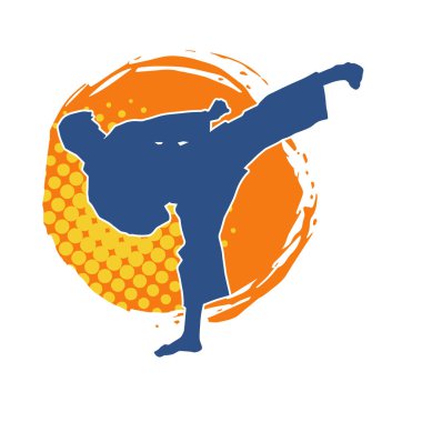 Dövüş sanatları pozu veren bir erkeğin silueti. Dövüş sanatları ustasının silueti tekme atma pozu veriyor..