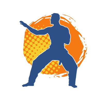 Doğu dövüş sanatı pozu veren bir adamın silueti. Dövüş sanatlarında bir erkeğin silueti..