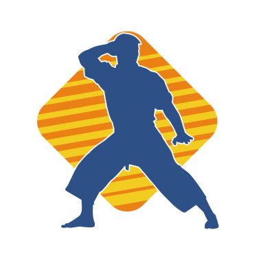 Doğu dövüş sanatı pozu veren bir adamın silueti. Dövüş sanatlarında bir erkeğin silueti..